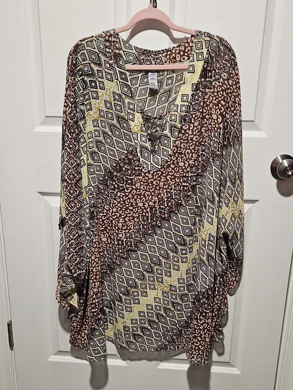 Women's Brown Geometric Print Ponch Top- Catherines 5XL